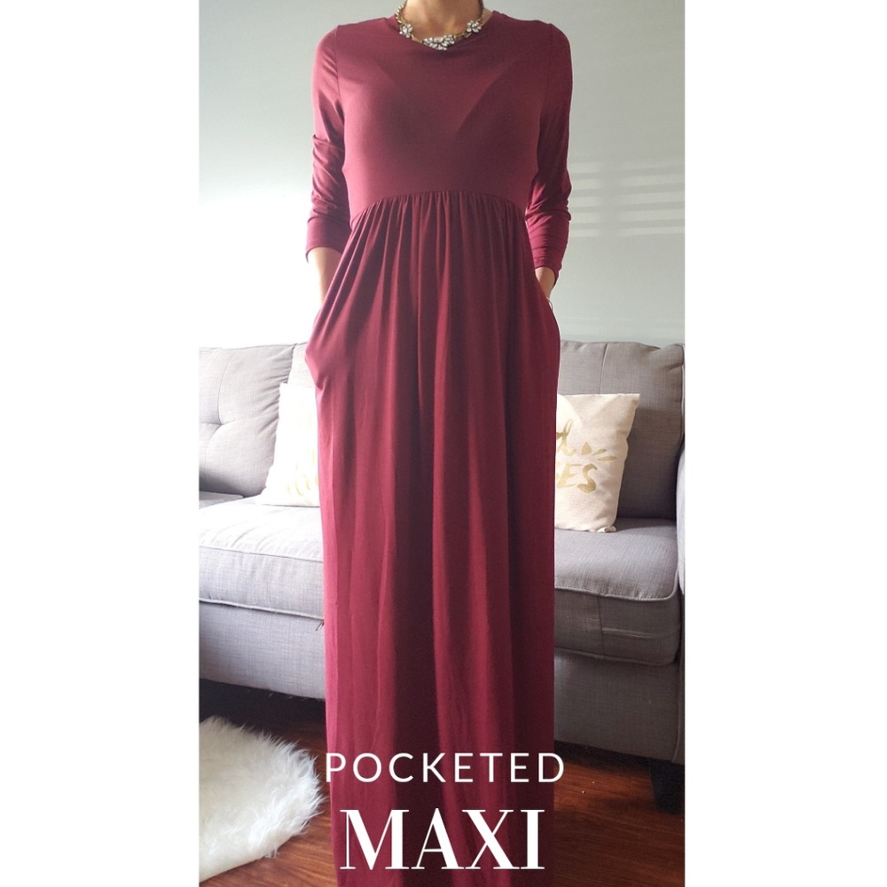 Wine Maxi Dress with Pockets Long Sleeve LG large